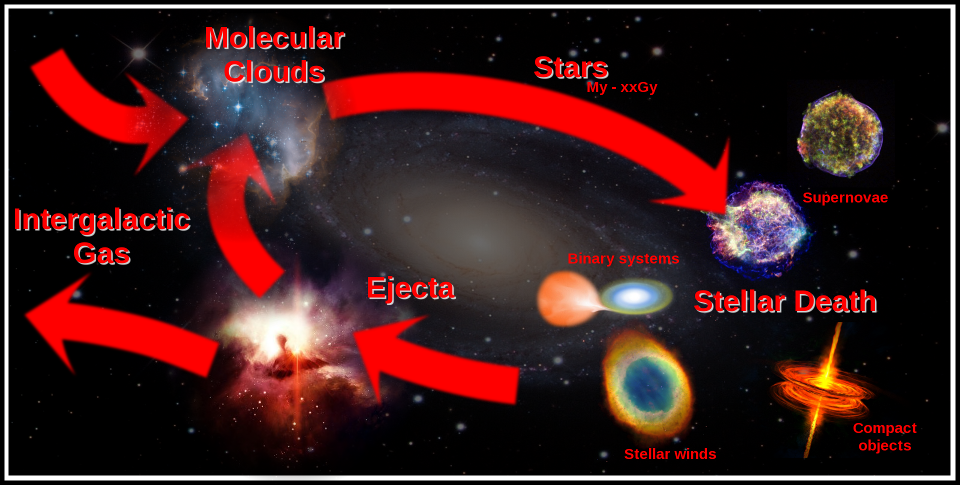 Galactic cycle of gas accretion, star formation, star death, enrichment of the ISM, and outflows