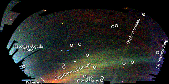 The field of streams: dwarf-galaxy and globular-cluster streams in the Milky Way halo (from Belokurov et al. 2006)