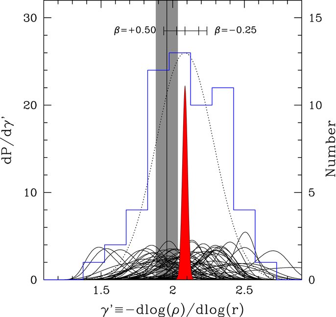 Figure 1 from Koopmans et al. (2009): Constraints on the logarithmic density slope gamma from 58 SLACS strong-lens elliptical galaxies