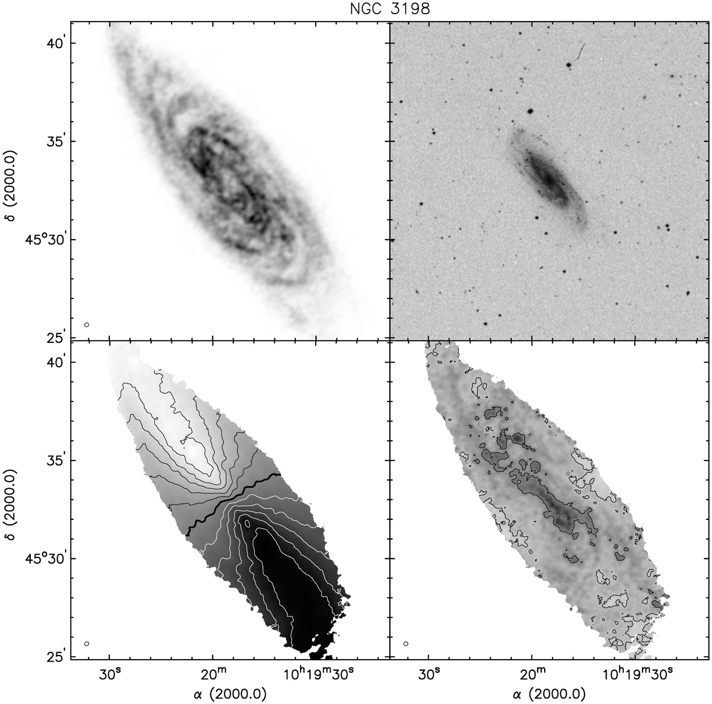 Figure 35 of Walter et al. (2008): HI emission, optical image, velocity field, and velocity dispersion of NGC 3198
